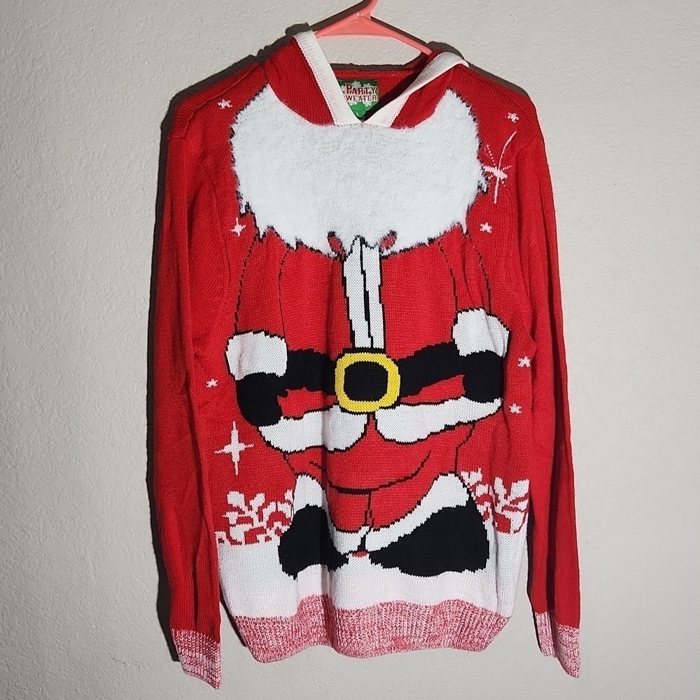 Ugly Christmas Sweater Santa Hooded Large Red